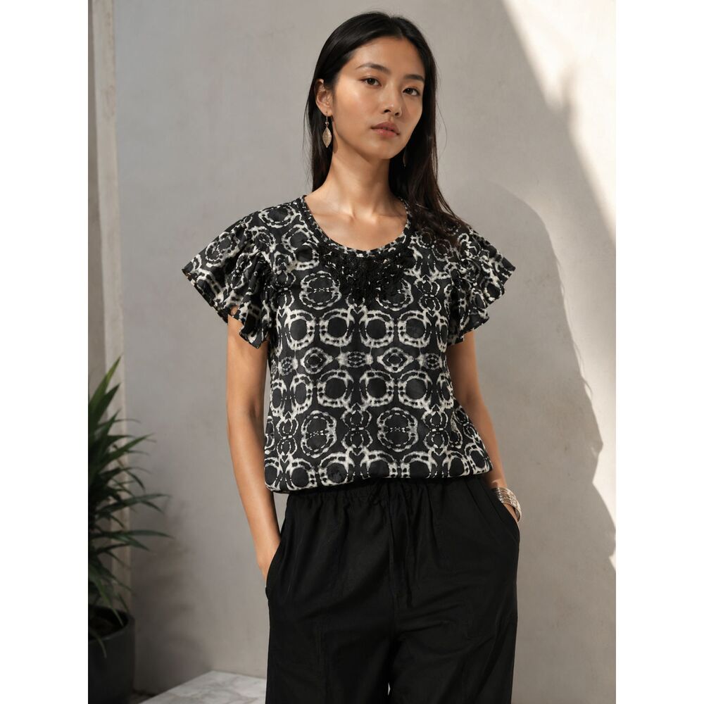 Da-Nang Black White Silk Pattern Blouse Shirt Top Women's Size Small